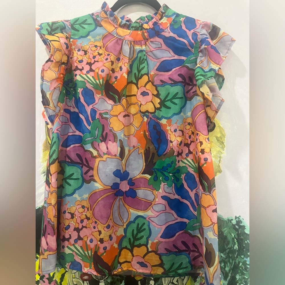 THML Multicolor Floral Ruffle Sleeve Top - Pink, Blue, Green, Orange